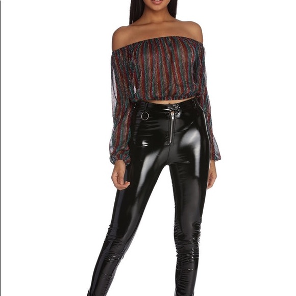Windsor Black & Rainbow Striped Glitter Lux Off The Shoulder Cropped Blouse - Picture 3 of 14